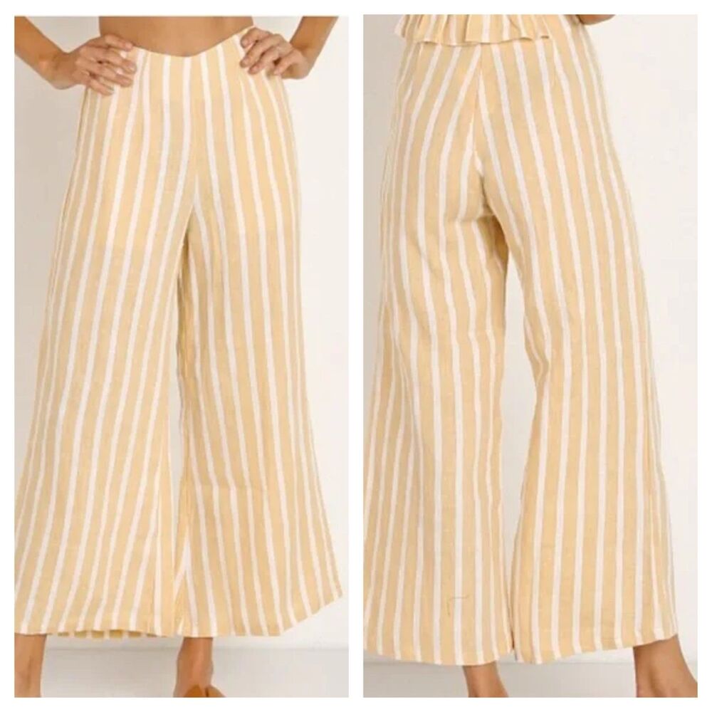 Faithfull The Brand Womens Yellow White High Rise Wide Leg Palazzo Pants Medium